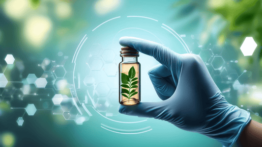 Hand holding medical vial with nature ingredients inside